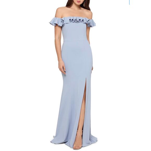 XSCAPE Off the Shoulder Ruffled A-Line Evening Gown Sky Blue Size 4 Dress - Picture 11 of 12